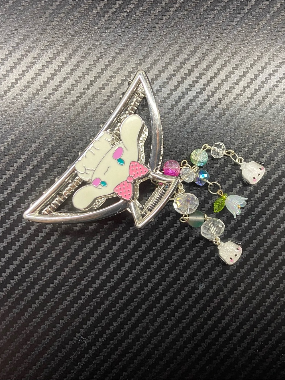 Sanrio Silver Cinnamoroll Hair Clip with Pink Bow and Multicolor Charms